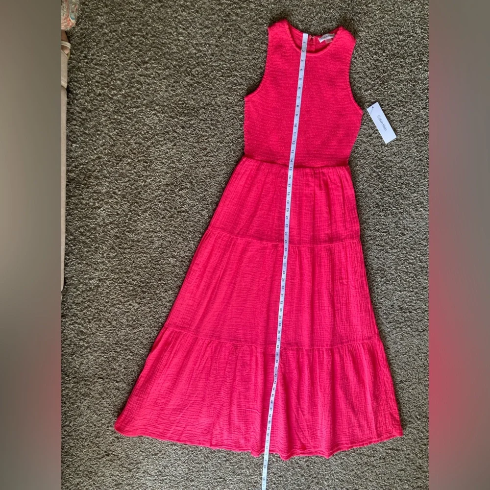 Calvin Klein Coral Smocked Tiered Maxi Dress Sleeveless 100% Cotton